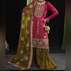 Shalwar kameez. Elegant Pink and Gold Embroidered Dress. Available in 2-3 weeks